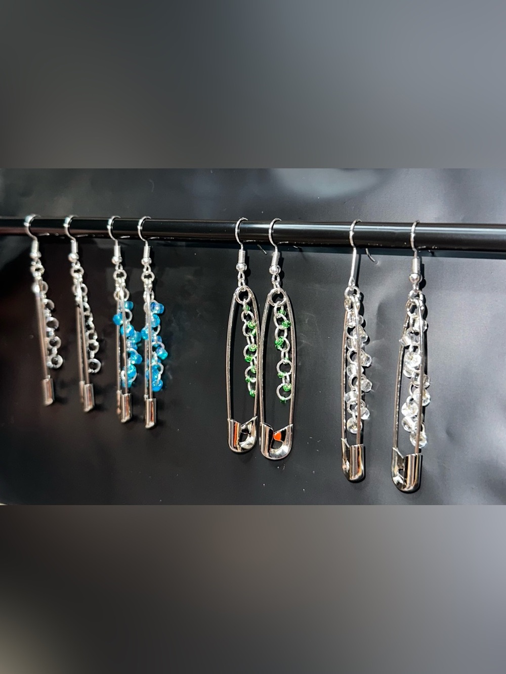 Silver Safety Pin Drop Earrings with Beads MADE TO ORDER